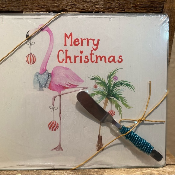 Christmas Flamingo Cutting Board With Spreader, Glass Flamingo Cutting Board - Picture 5 of 16